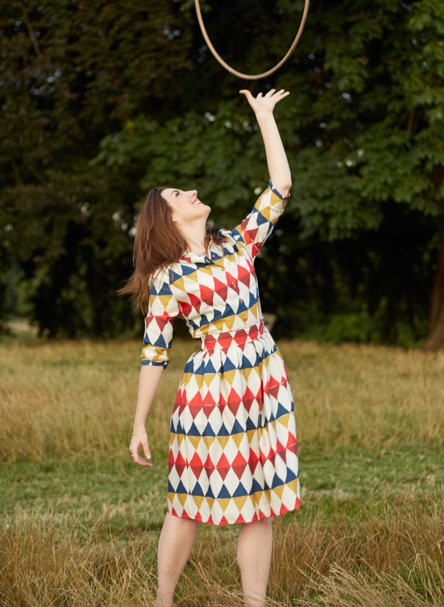 organic cotton colorful geometric diamond print knee-length belted shirt dress with 3/4 length sleeves and pockets