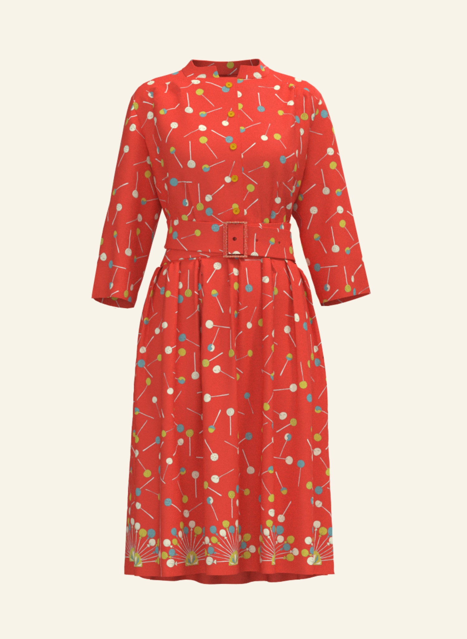 organic cotton orange lollipop print knee-length belted shirt dress with 3/4 length sleeves and pockets