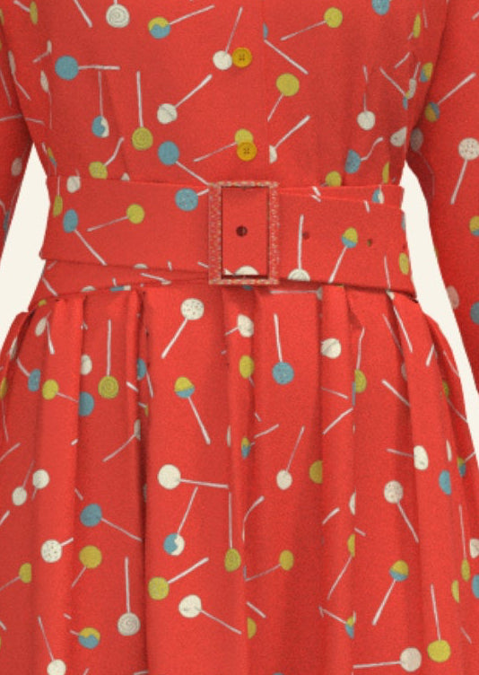 organic cotton orange lollipop print knee-length belted shirt dress with 3/4 length sleeves and pockets