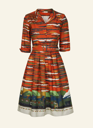 organic cotton, vintage-style, rust knee-length belted shirt dress with 3/4 length sleeves and flying Scotsman steam train print