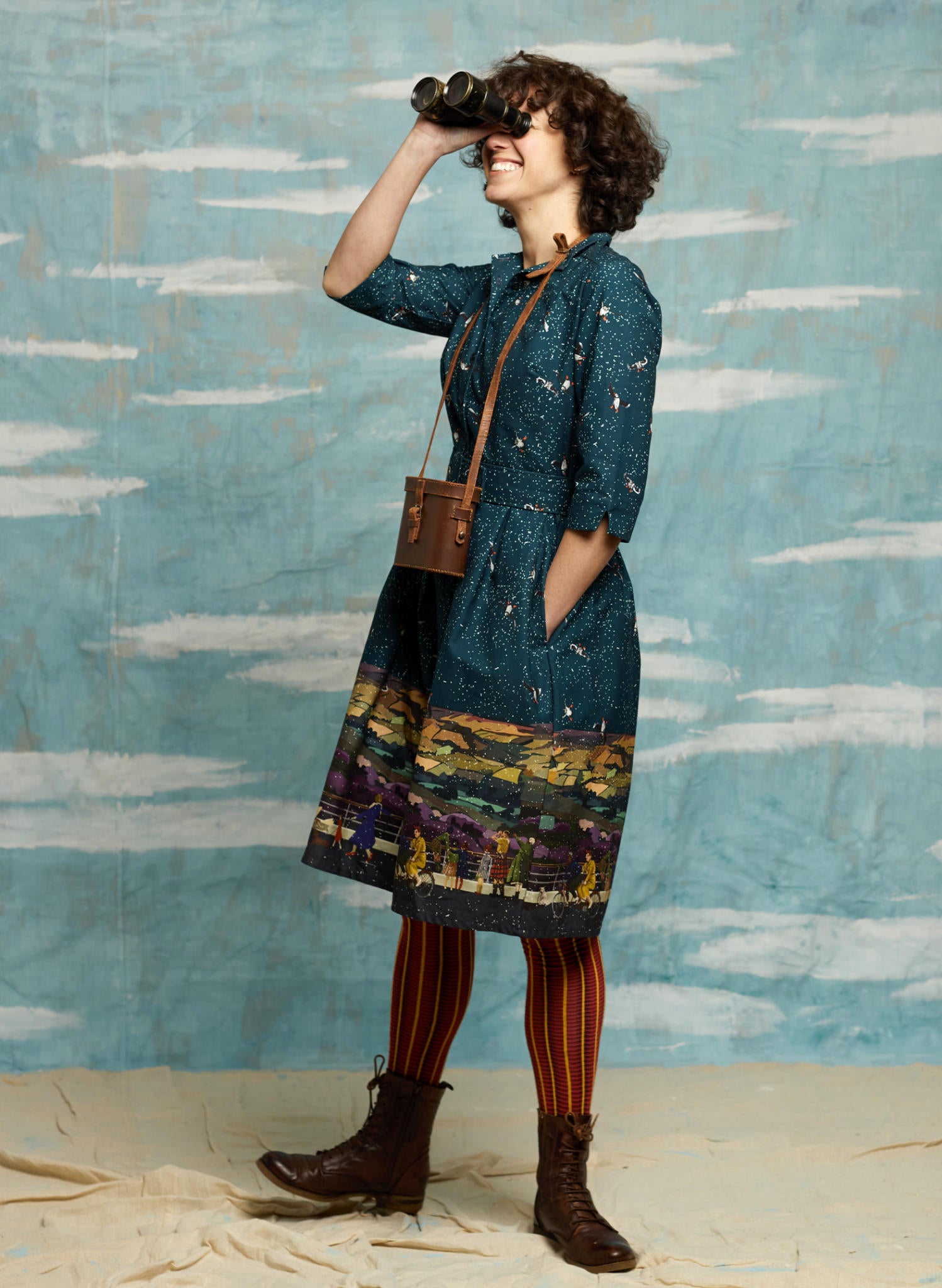 organic cotton teal sparkly vintage-style knee-length belted shirt dress with 3/4 length sleeves, pockets, and a Yorkshire Dales print