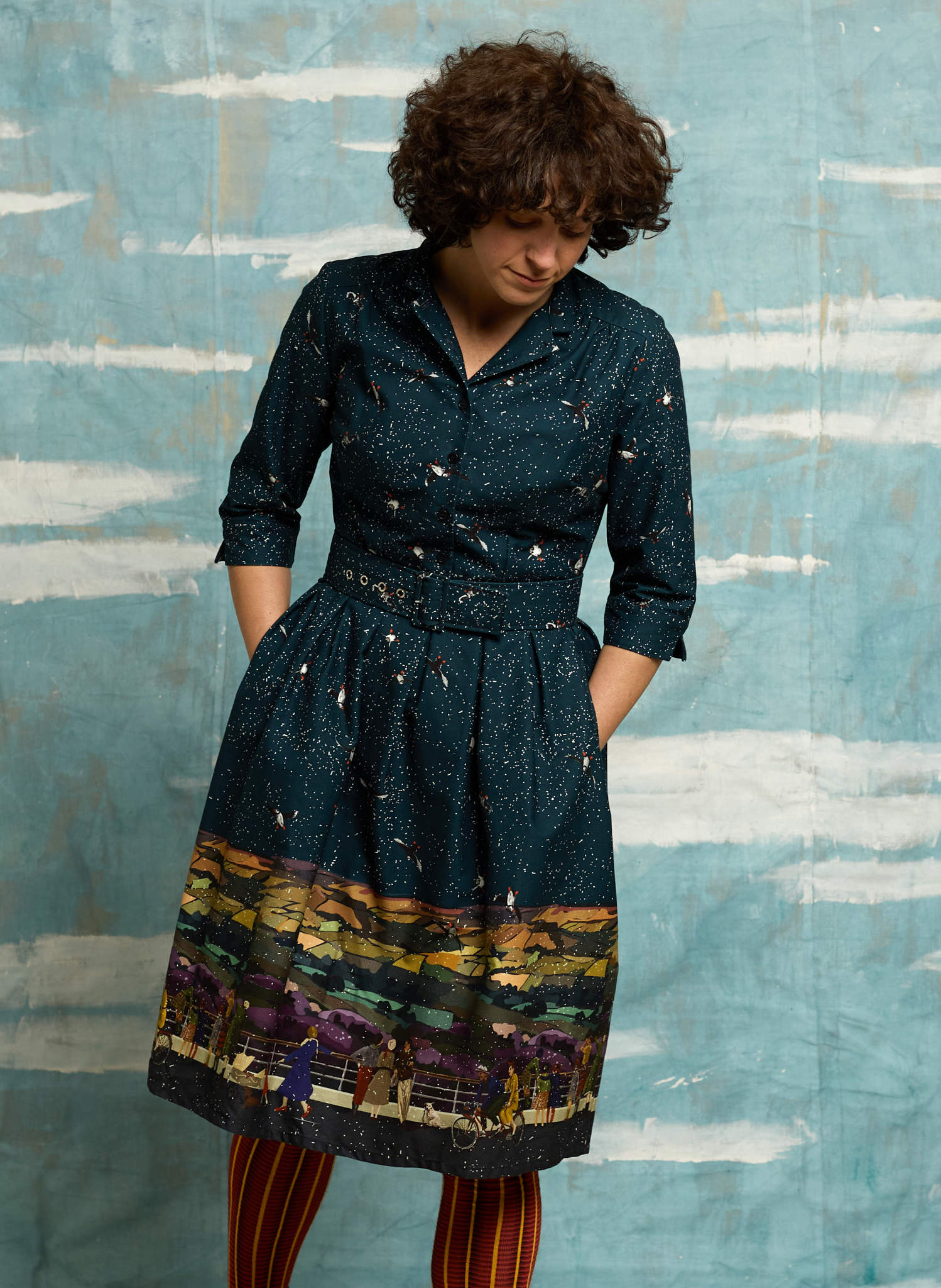 organic cotton teal sparkly vintage-style knee-length belted shirt dress with 3/4 length sleeves, pockets, and a Yorkshire Dales print