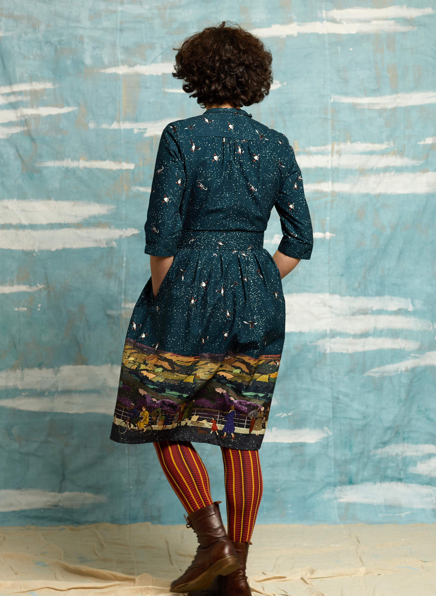 organic cotton teal sparkly vintage-style knee-length belted shirt dress with 3/4 length sleeves, pockets, and a Yorkshire Dales print