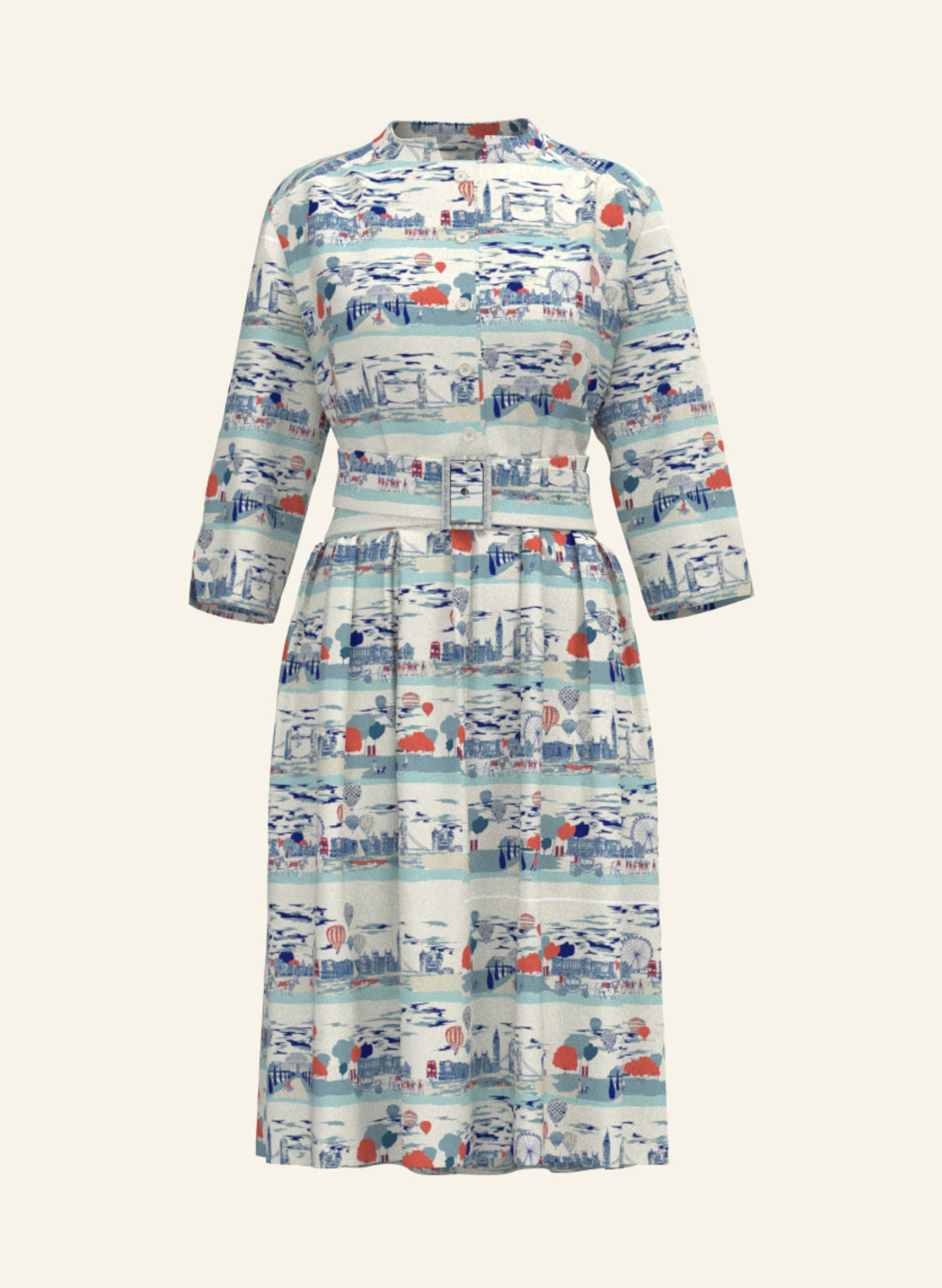 100% Tencell Lyocell cream and blue London print belted shirt dress in midi-length with 3/4 length sleeves