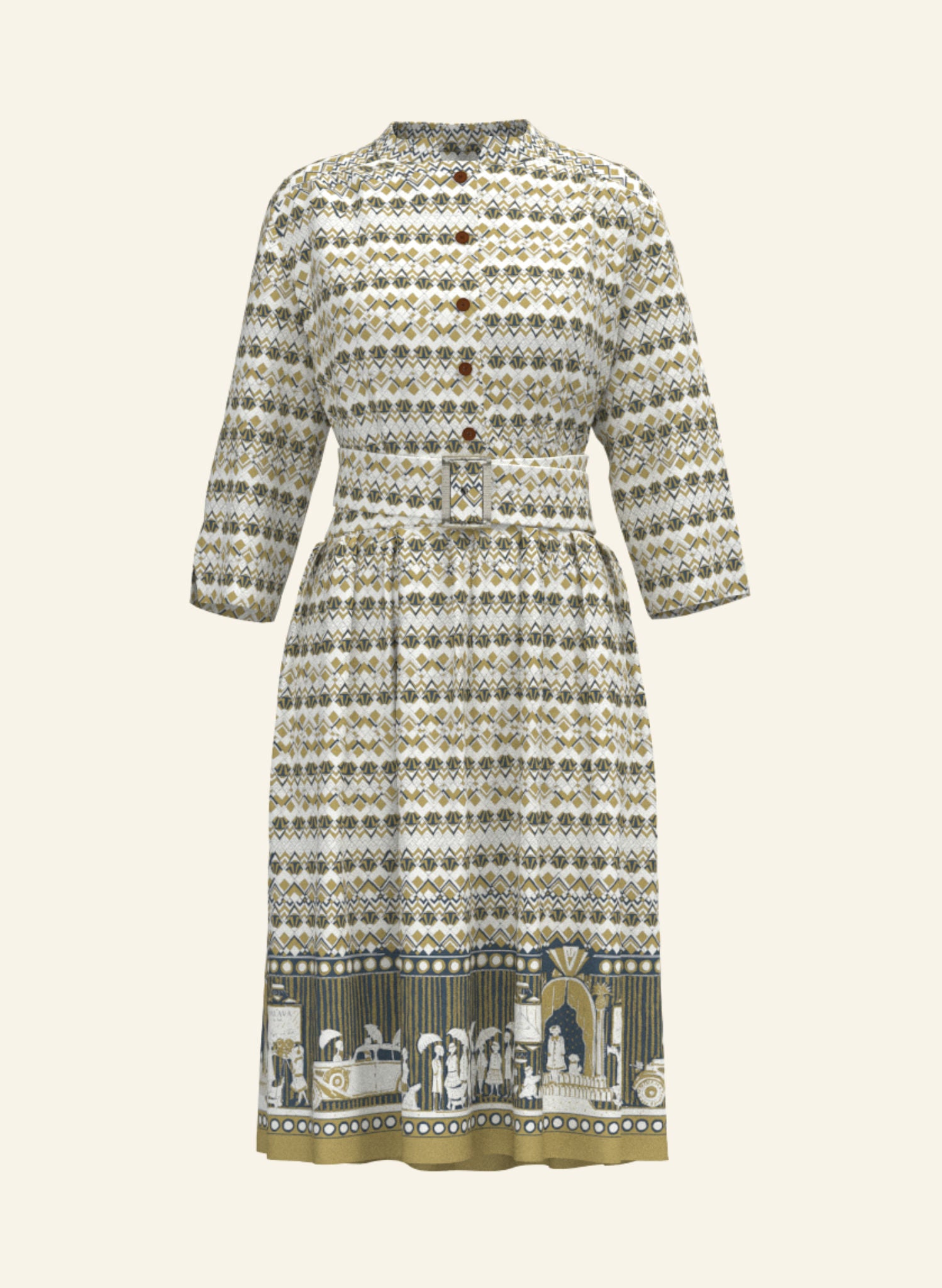 100% Tencel Lyocell vintage-style cream knee-length belted shirt dress with 3/4 length sleeves, pockets, and a moving pictures print inspired by the cinema.