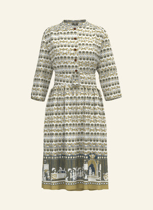 100% Tencel Lyocell vintage-style cream knee-length belted shirt dress with 3/4 length sleeves, pockets, and a moving pictures print inspired by the cinema.