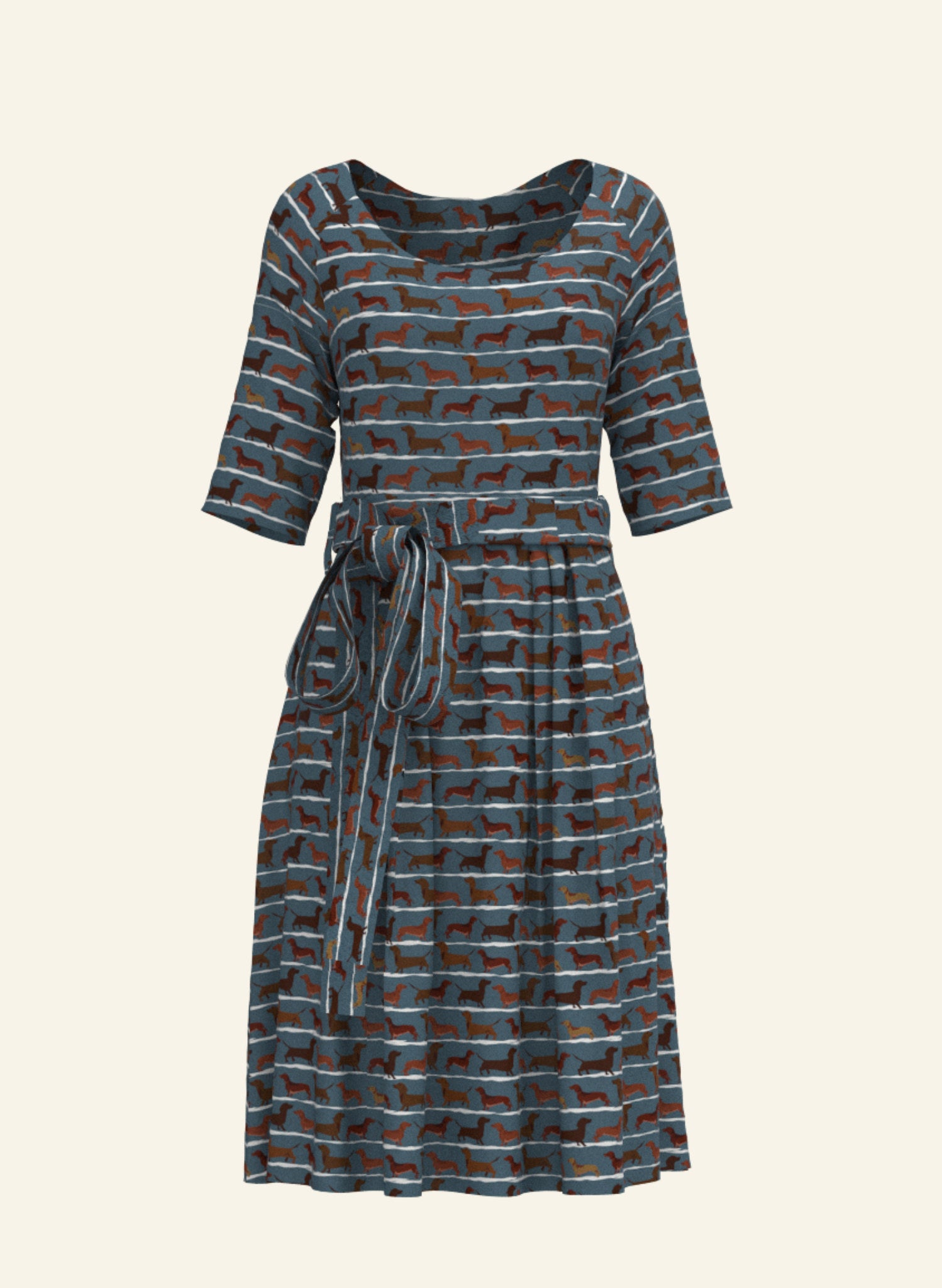 Tencel Lyocell blue 1940s style knee-length dress with dachshund dog print, pockets, and a tie-waist belt