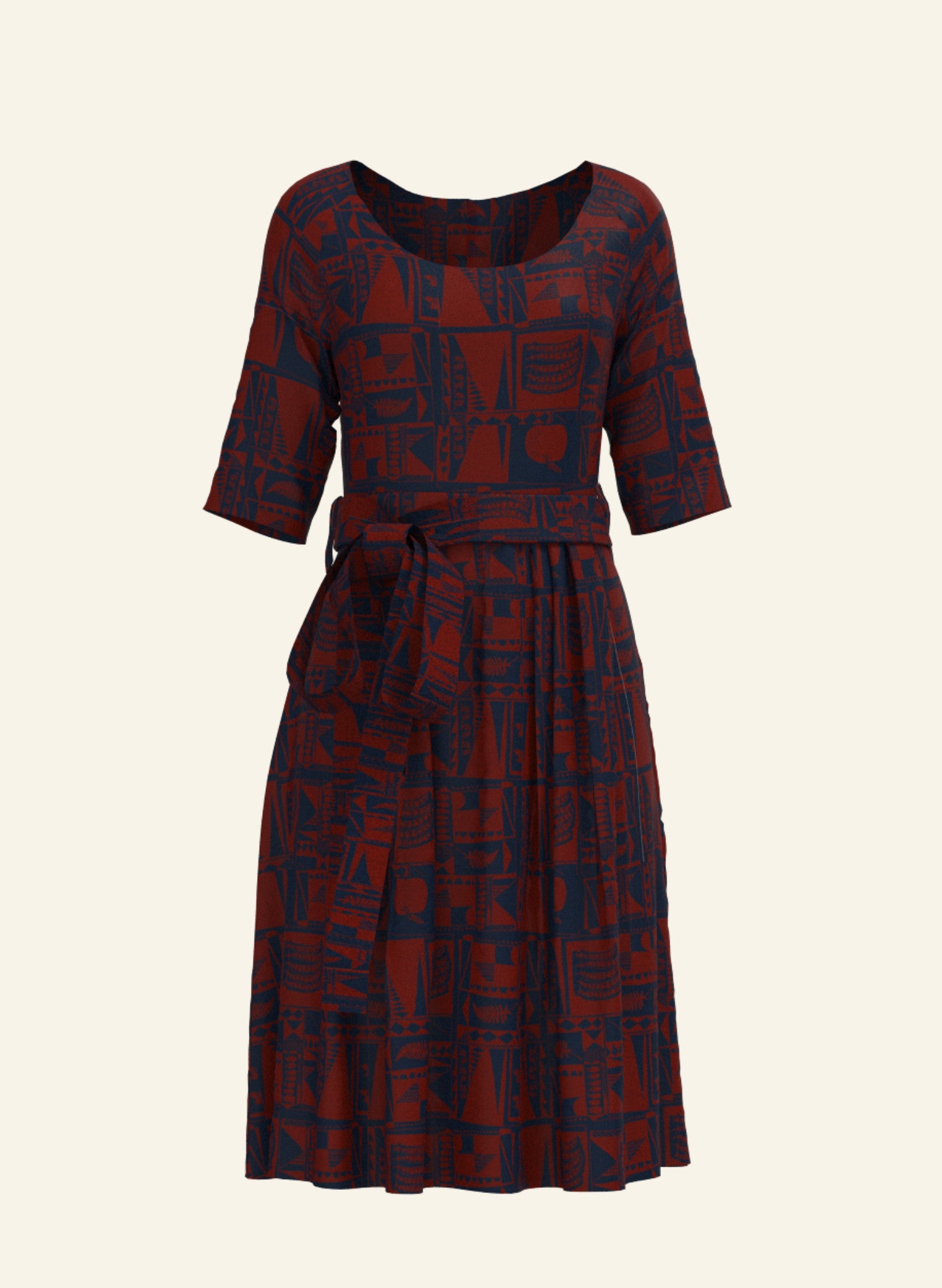 organic cotton navy and red 1940s-style knee-length dress with tie-waist belt and a greenhouse print