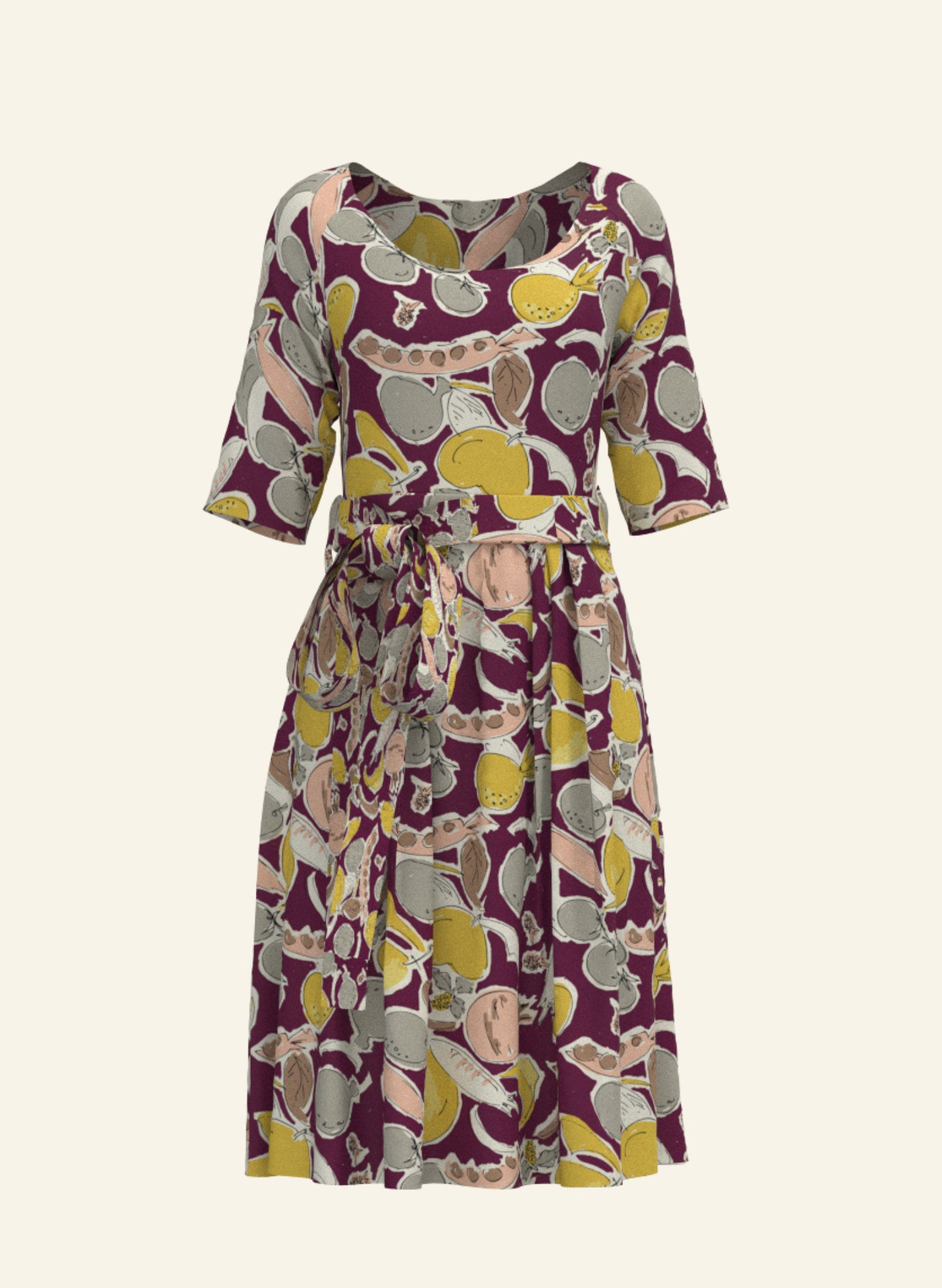 Tencel Lyocell vintage-style plum knee-length dress with a tie-waist belt, pockets, and a homegrown vegetable print