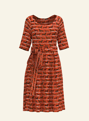 organic cotton, vintage-style, rust knee-length dress with tie-waist belt, pockets, and dachshund dog print