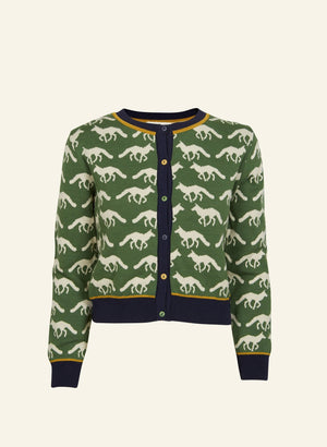 green and navy 100% organic cotton vintage-style knitted cardigan with fox pattern