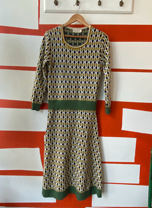 green and cream midi dress in soft jacquard knit 100% organic cotton with a diamond bauhaus pattern - preloved / secondhand item by palava