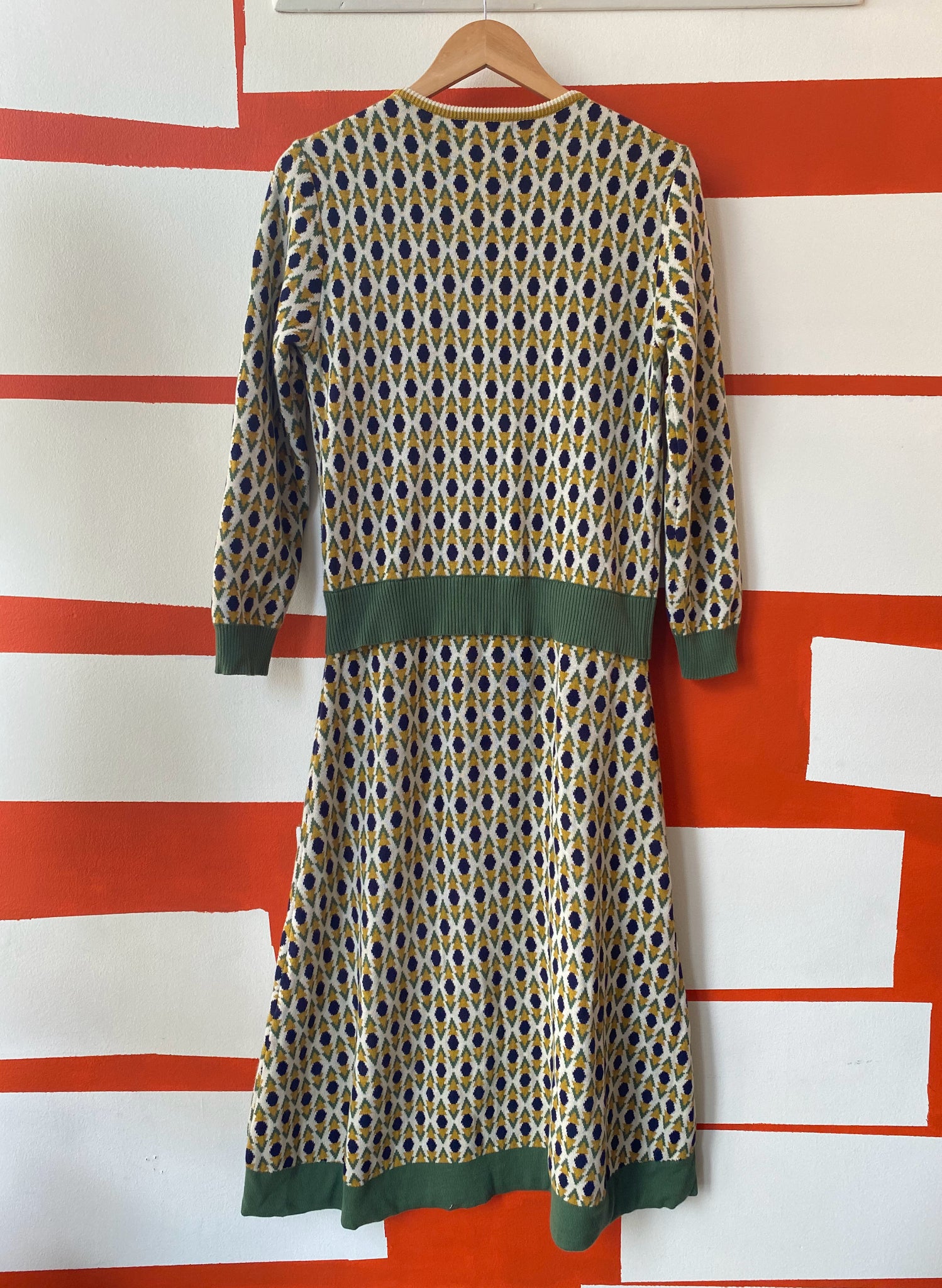 green and cream midi dress in soft jacquard knit 100% organic cotton with a diamond bauhaus pattern - preloved / secondhand item by palava