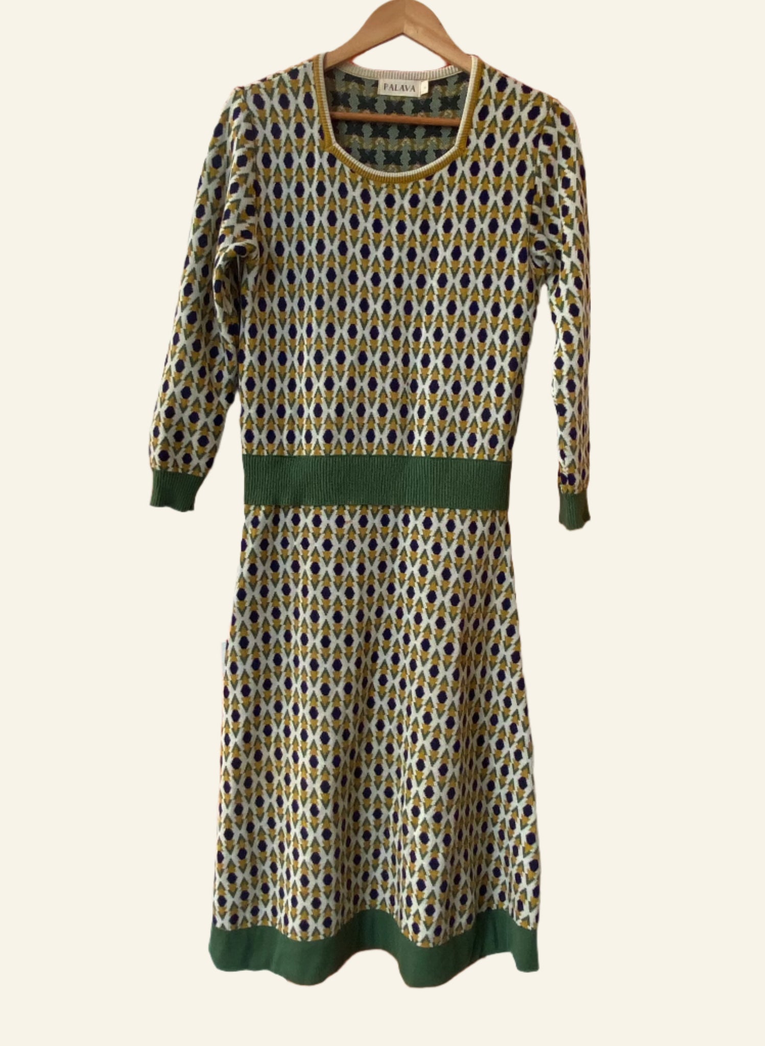 green and cream midi dress in soft jacquard knit 100% organic cotton with a diamond bauhaus pattern - preloved / secondhand item by palava