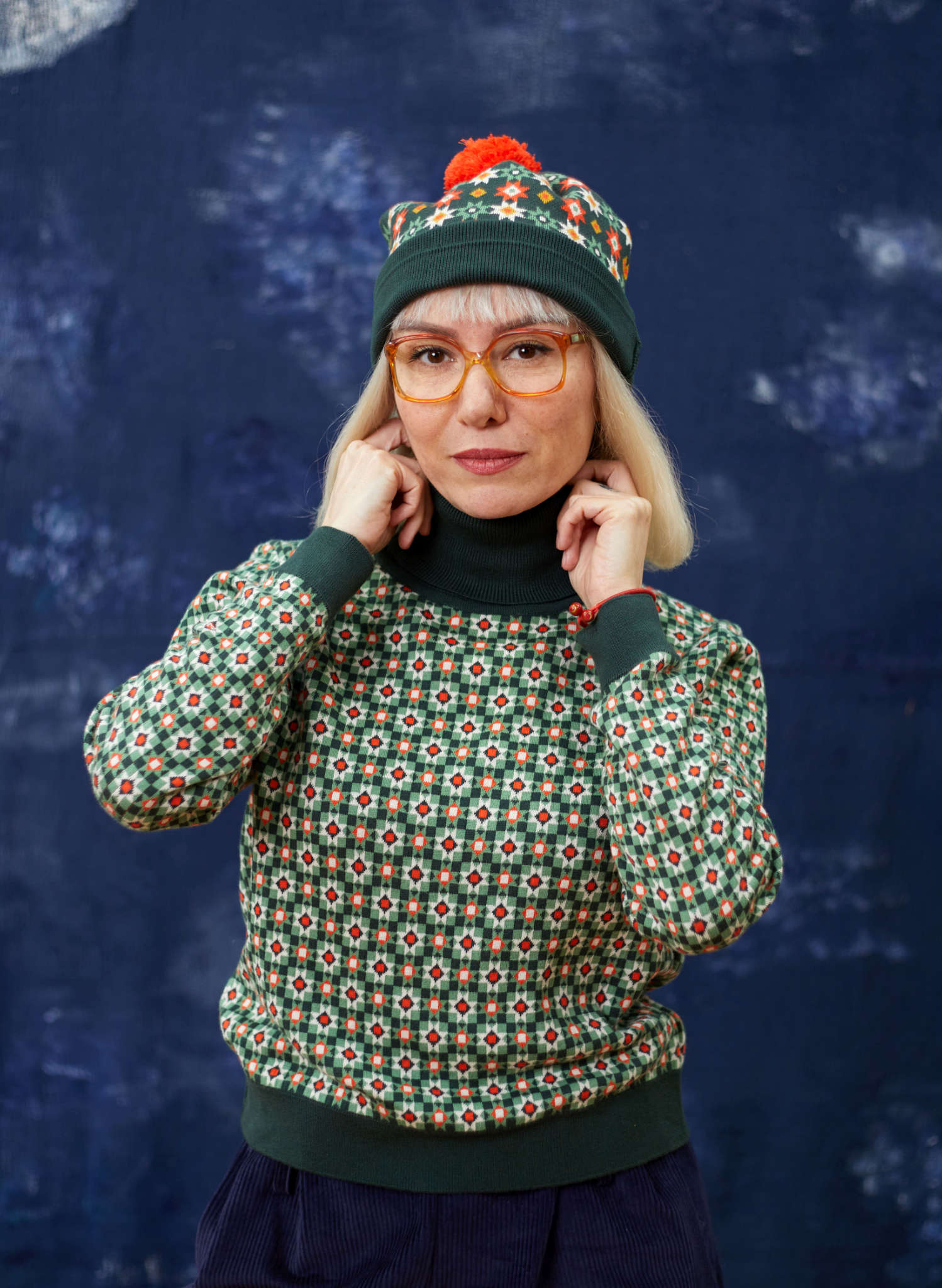 Turtle Neck Sweater - Green Patchwork