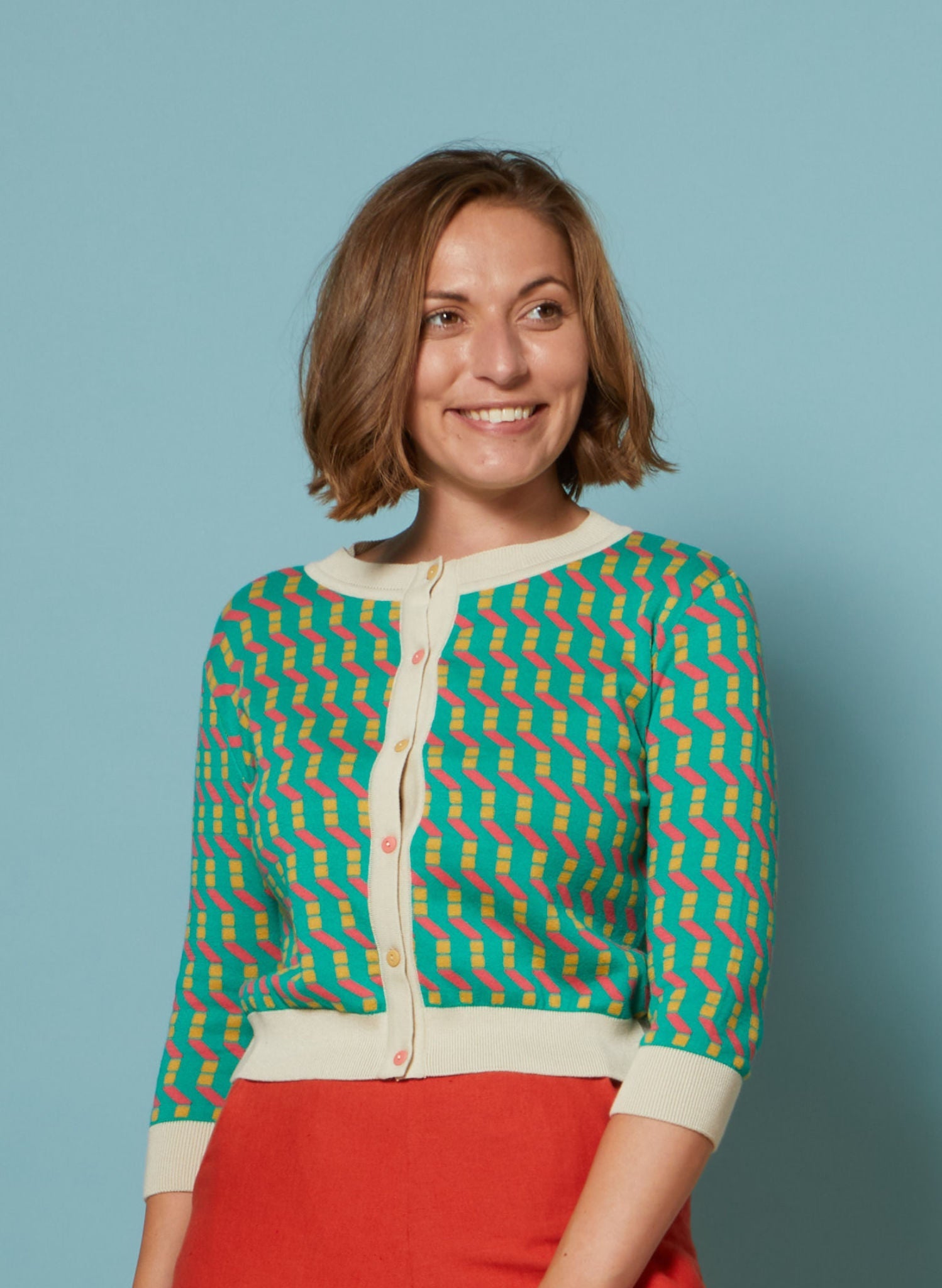 Archive Sale - Size S - Vera - Turquoise Afternoon Sun Jacquard Cardigan - 3/4 Sleeve