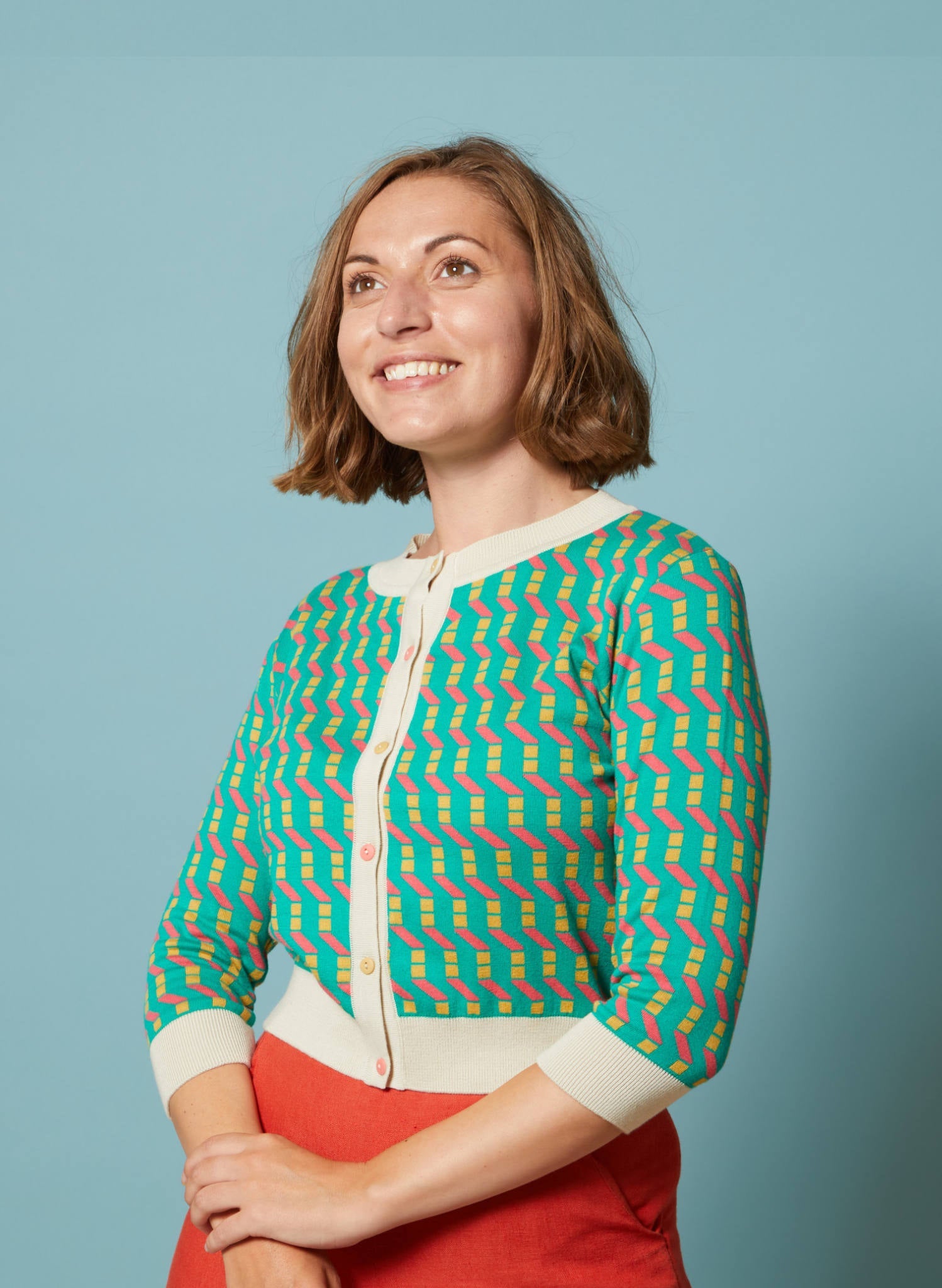 Archive Sale - Size S - Vera - Turquoise Afternoon Sun Jacquard Cardigan - 3/4 Sleeve