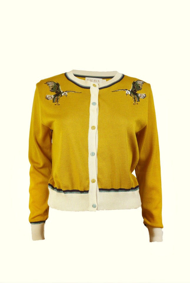 Vera - Mustard Eagles Embroidered Cardigan