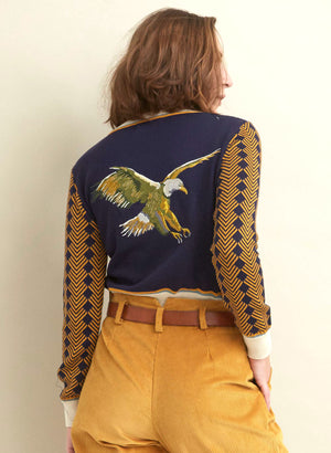 vintage style navy and mustard organic cotton jacquard knit cardigan with embroidered eagle in the back