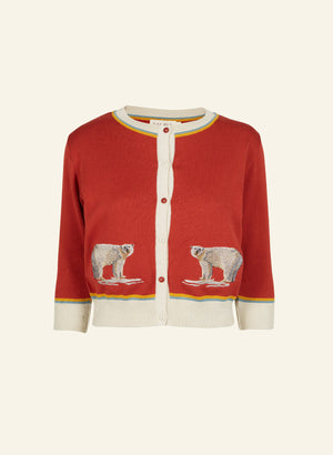 rust and white organic cotton knitted cardigan with two embroidered polar bears