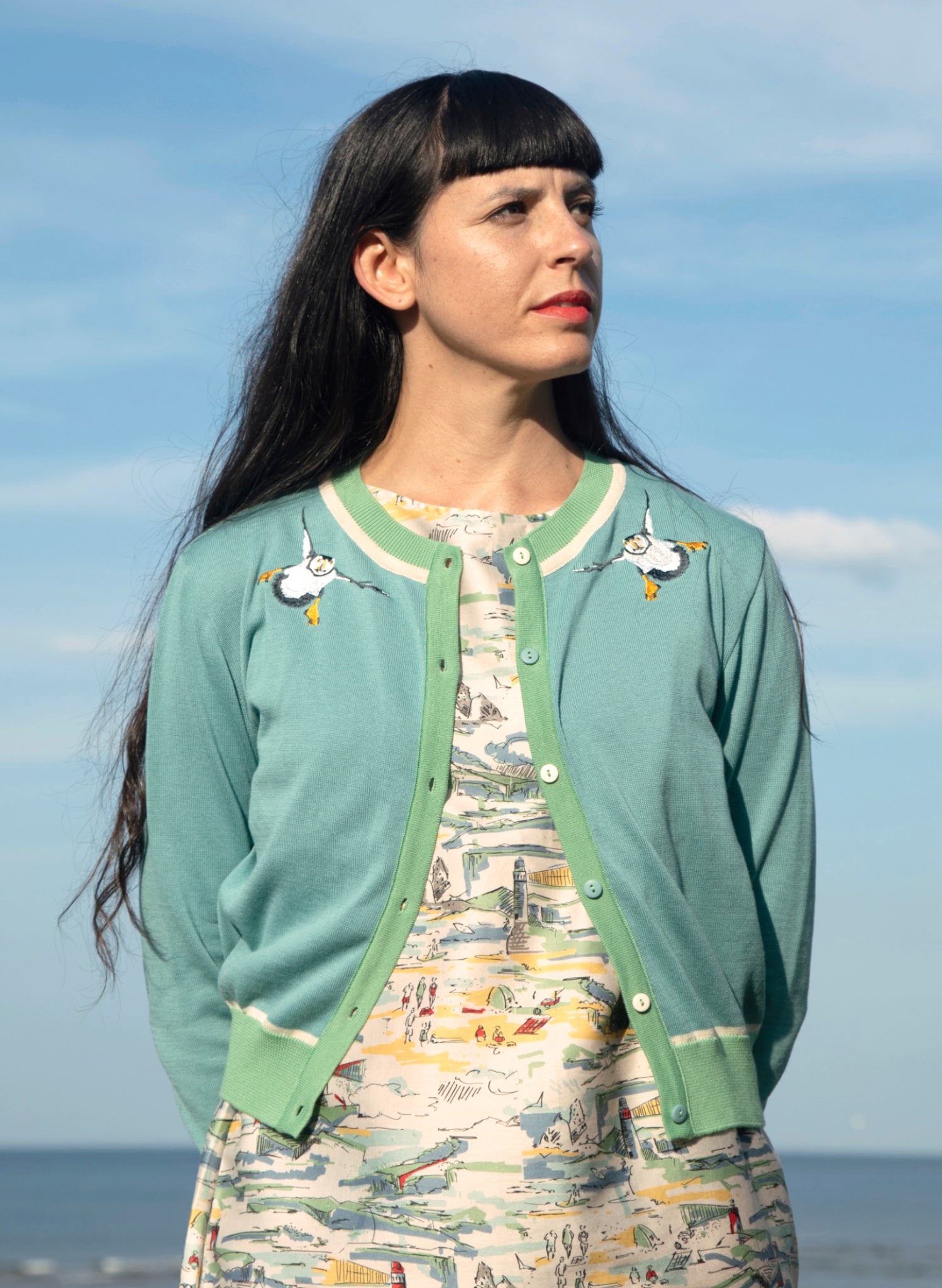 Vera Cardigan - Teal Puffins