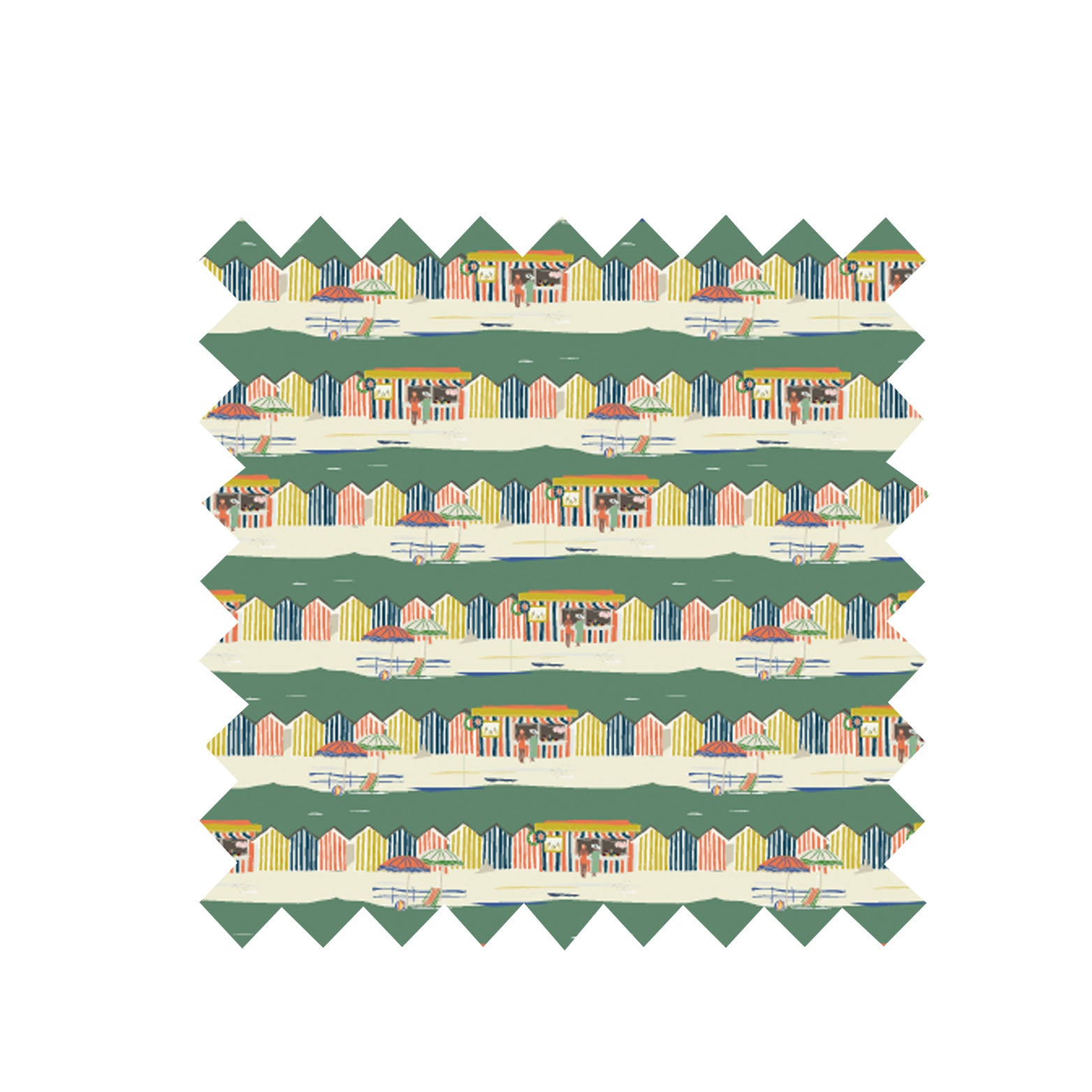Remnant - 100cm x 148cm - Green Beach Huts Fabric - Organic Cotton Sateen