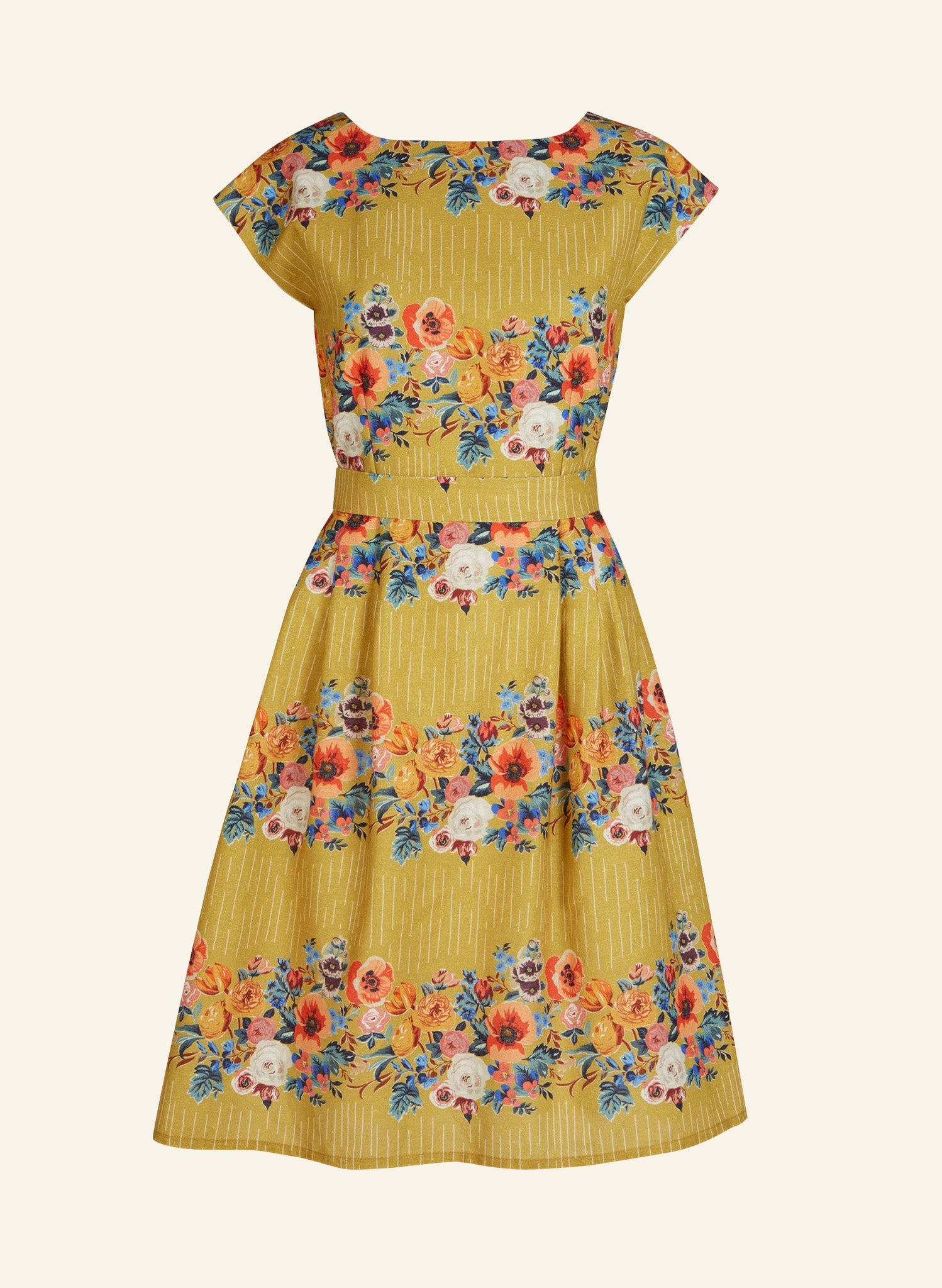 Beatrice Cap - Mustard Floral Garland Dress | Cotton-Linen Blend