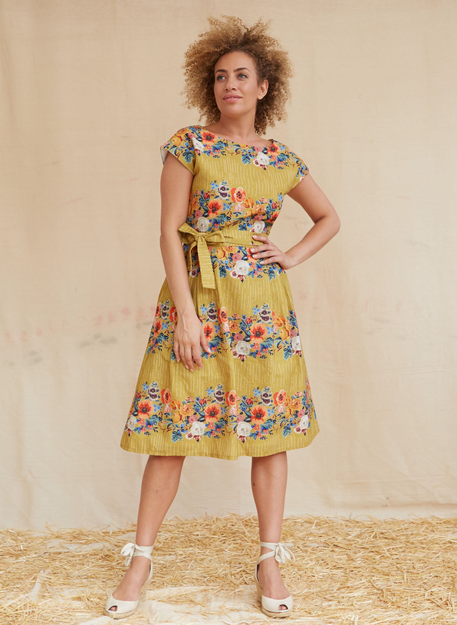 Beatrice Cap - Mustard Floral Garland Dress | Cotton-Linen Blend