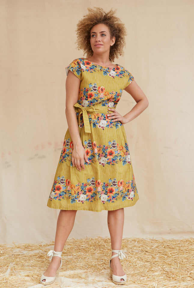 Beatrice Cap - Mustard Floral Garland Dress | Cotton-Linen Blend