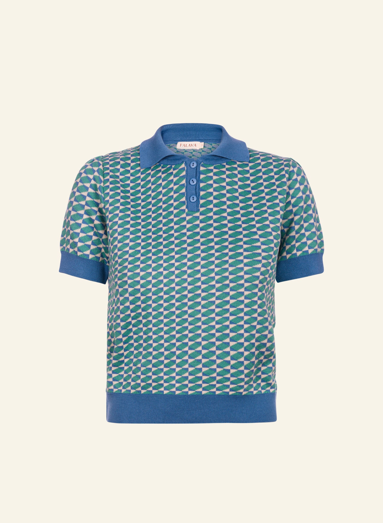 Organic Cotton Retro Knitted Patterned Polo Shirt - Blue/Green