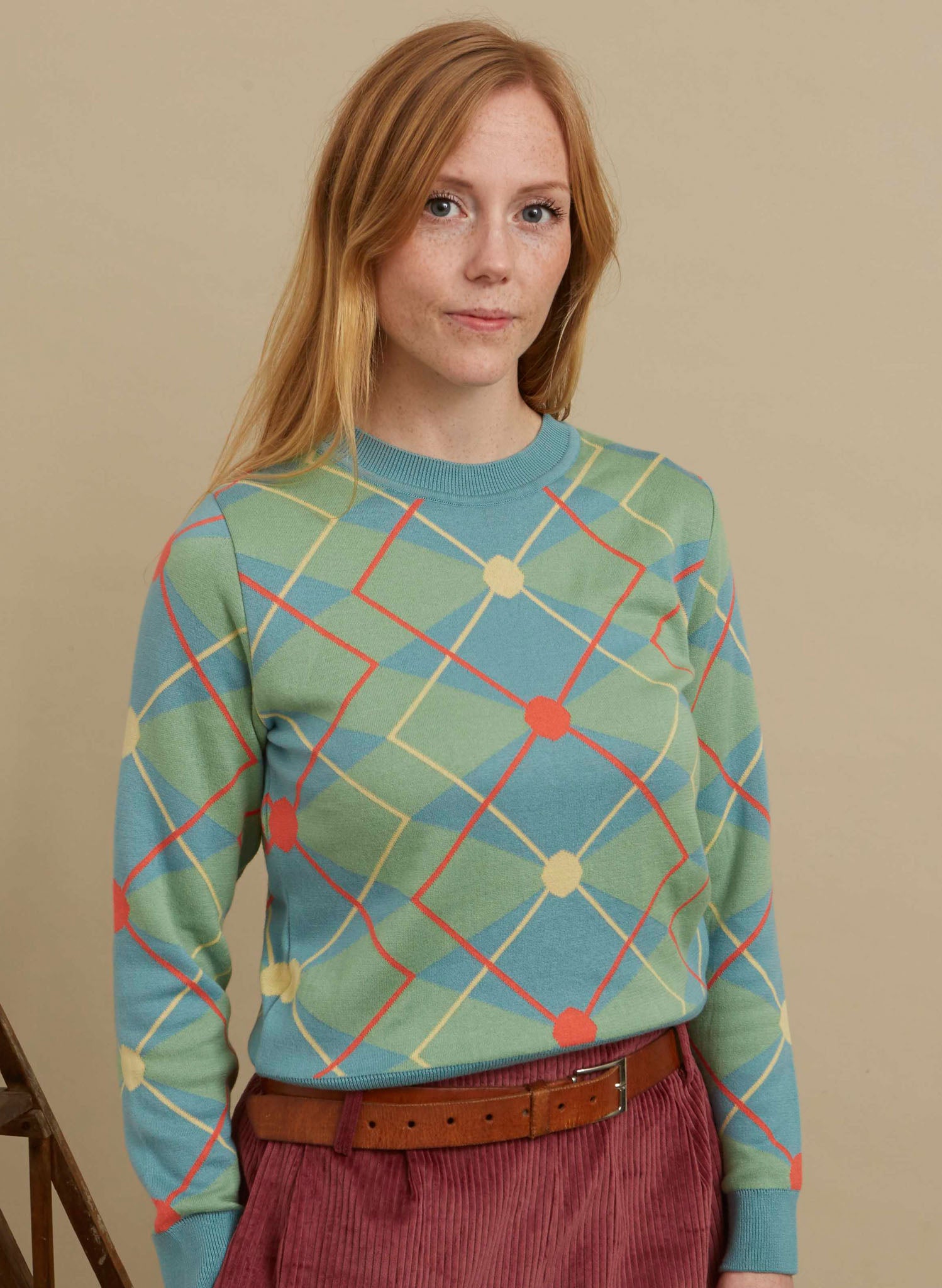 Palava Esther Argyle Organic Cotton Jumper in Green and Blue