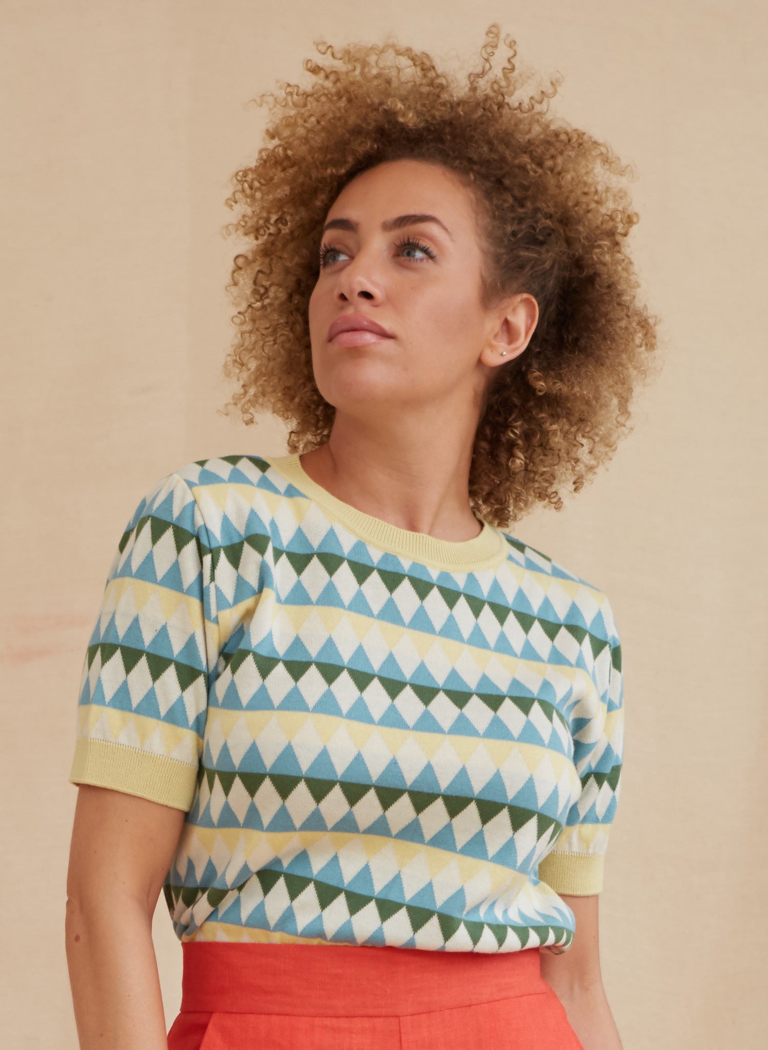 Eve Harlequin Knitted Top - Teal and Lemon | Organic Cotton