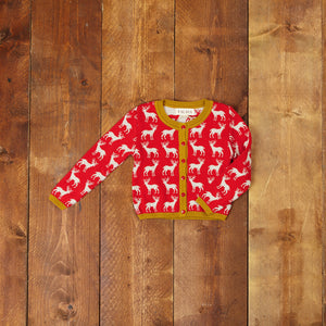 Children's Reindeer Print Cardigan in Red | 100% Organic Cotton | UK