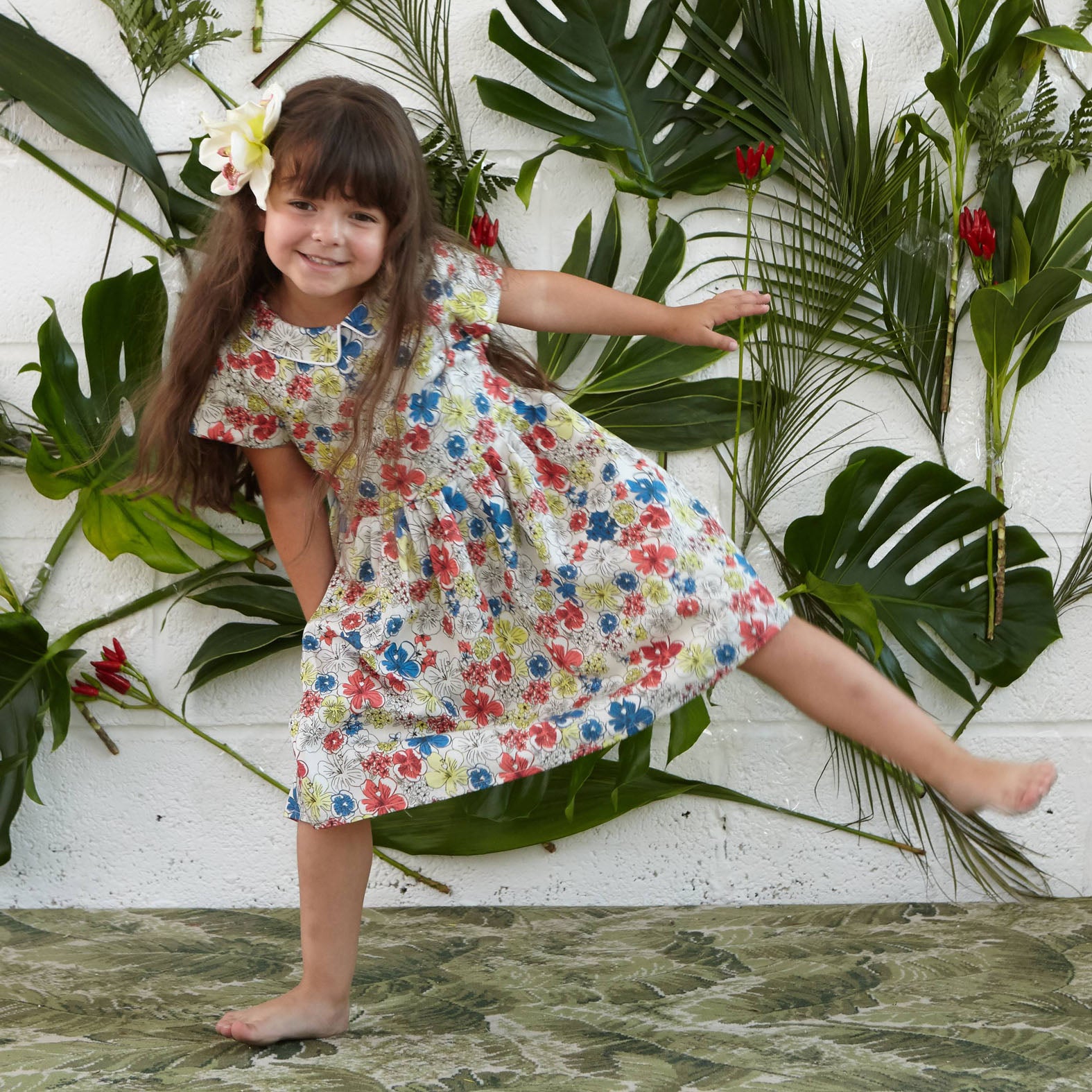 Penny - Ivory Hibiscus Heaven Print Floral Organic Cotton Dress for Girls