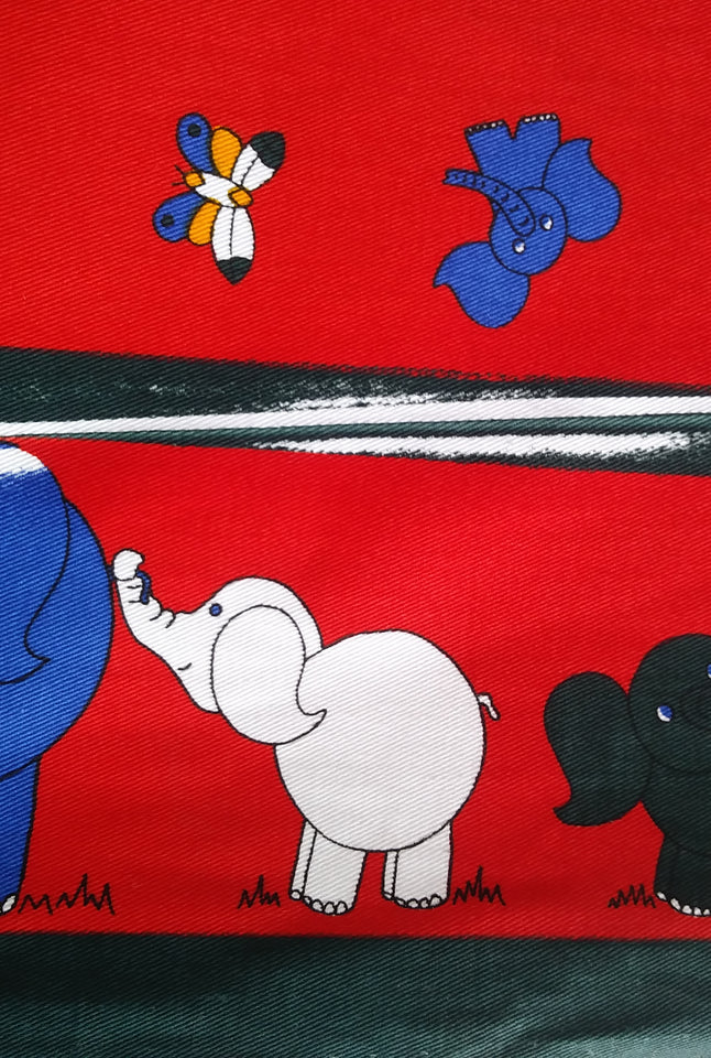 Elephant Red Twill Border Print Fabric - Cotton