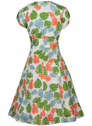 Rita - Green Tropical Leaf Print Vintage-style 1950s Dress for Women