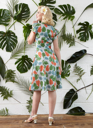 Rita - Green Tropical Leaf Print Vintage-style 1950s Dress for Women