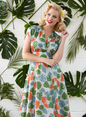 Rita - Green Tropical Leaf Print Vintage-style 1950s Dress for Women