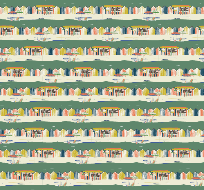Remnant - 100cm x 148cm - Green Beach Huts Fabric - Organic Cotton Sateen