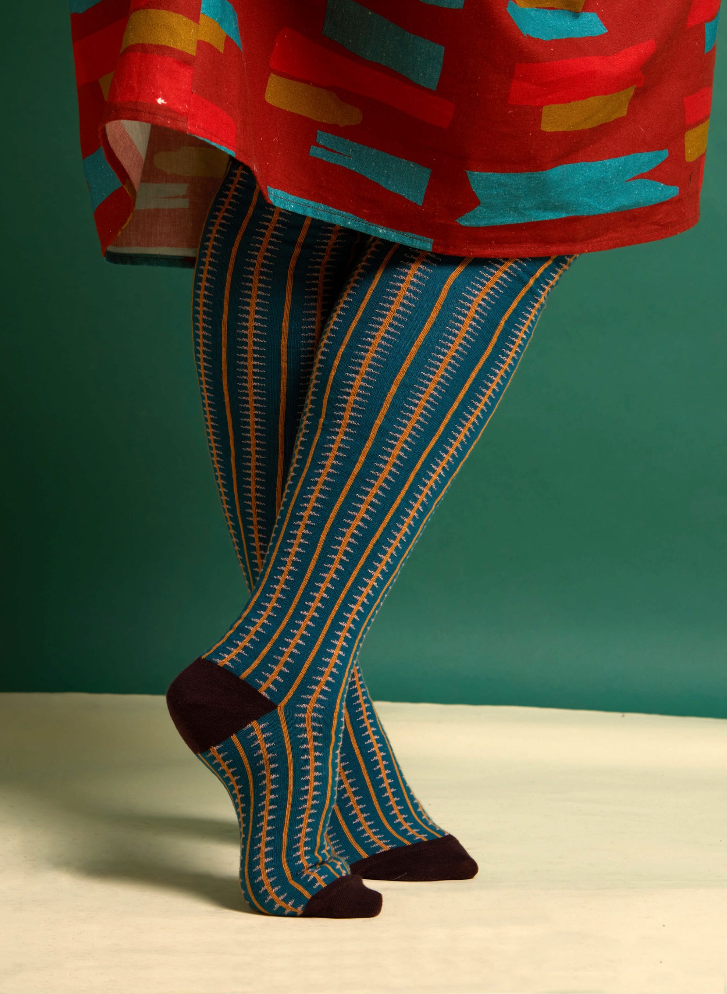 Knee High Socks - Teal/Mustard Rocket