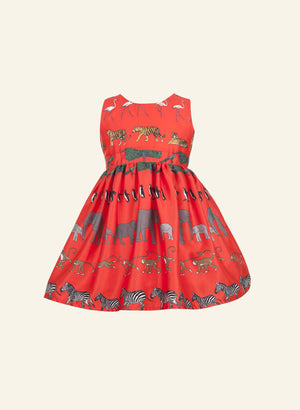 Red Zoo Print Children's Dress | 100% Organic Cotton | Palava UK