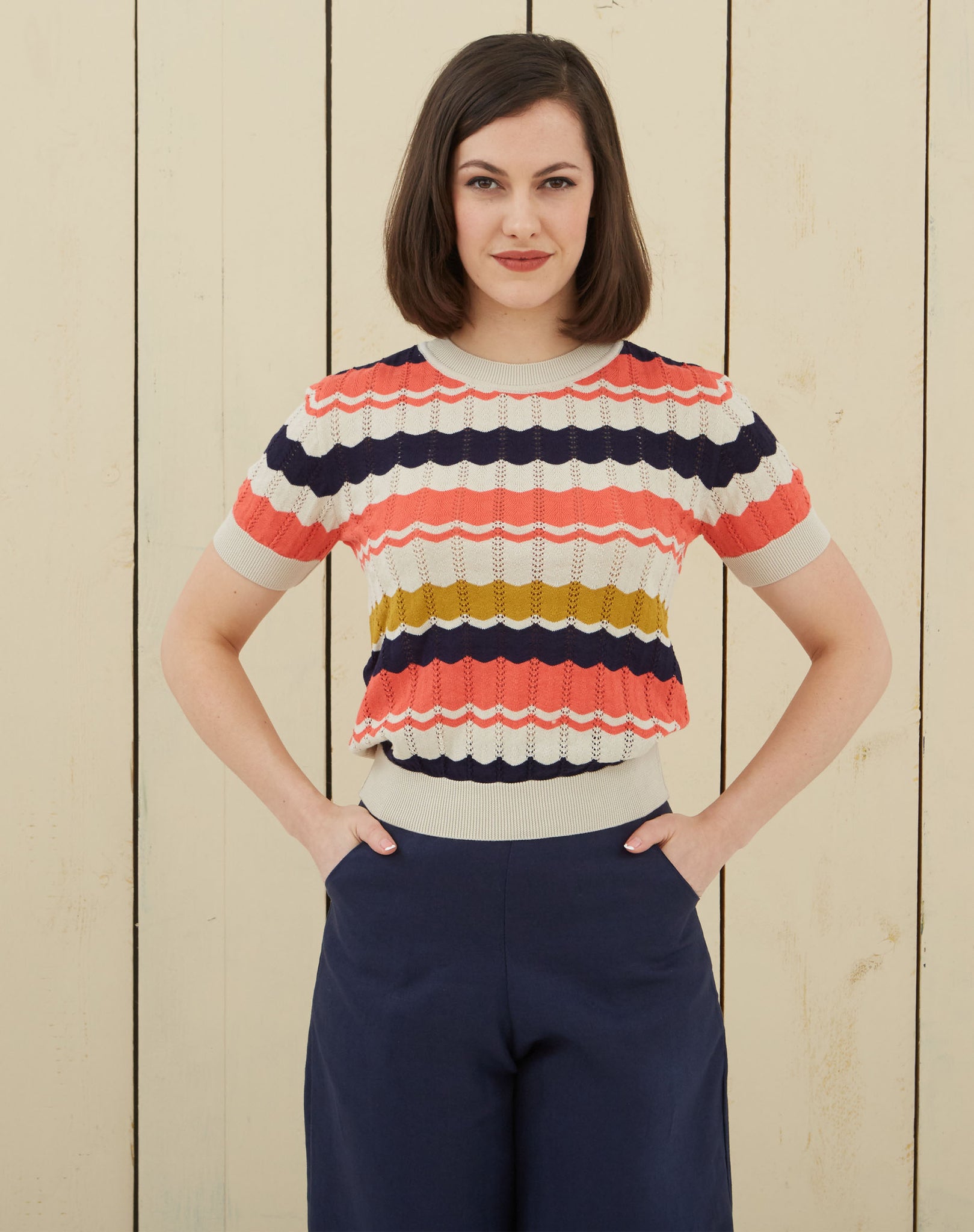 Eve Zigzag Knitted Top - Navy and Coral | Organic Cotton