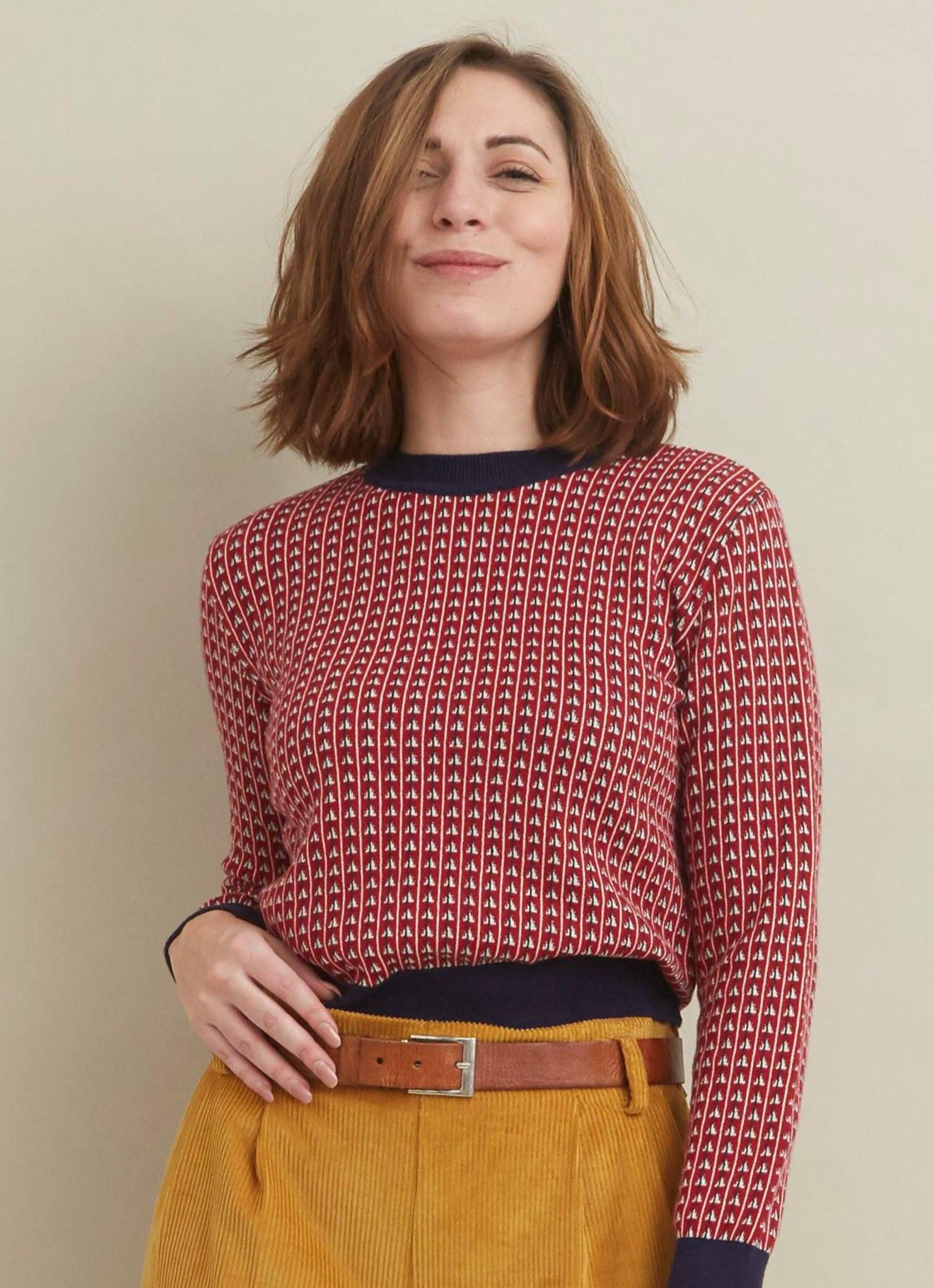 100% organic cotton red and navy patterned jacquard knit jumper