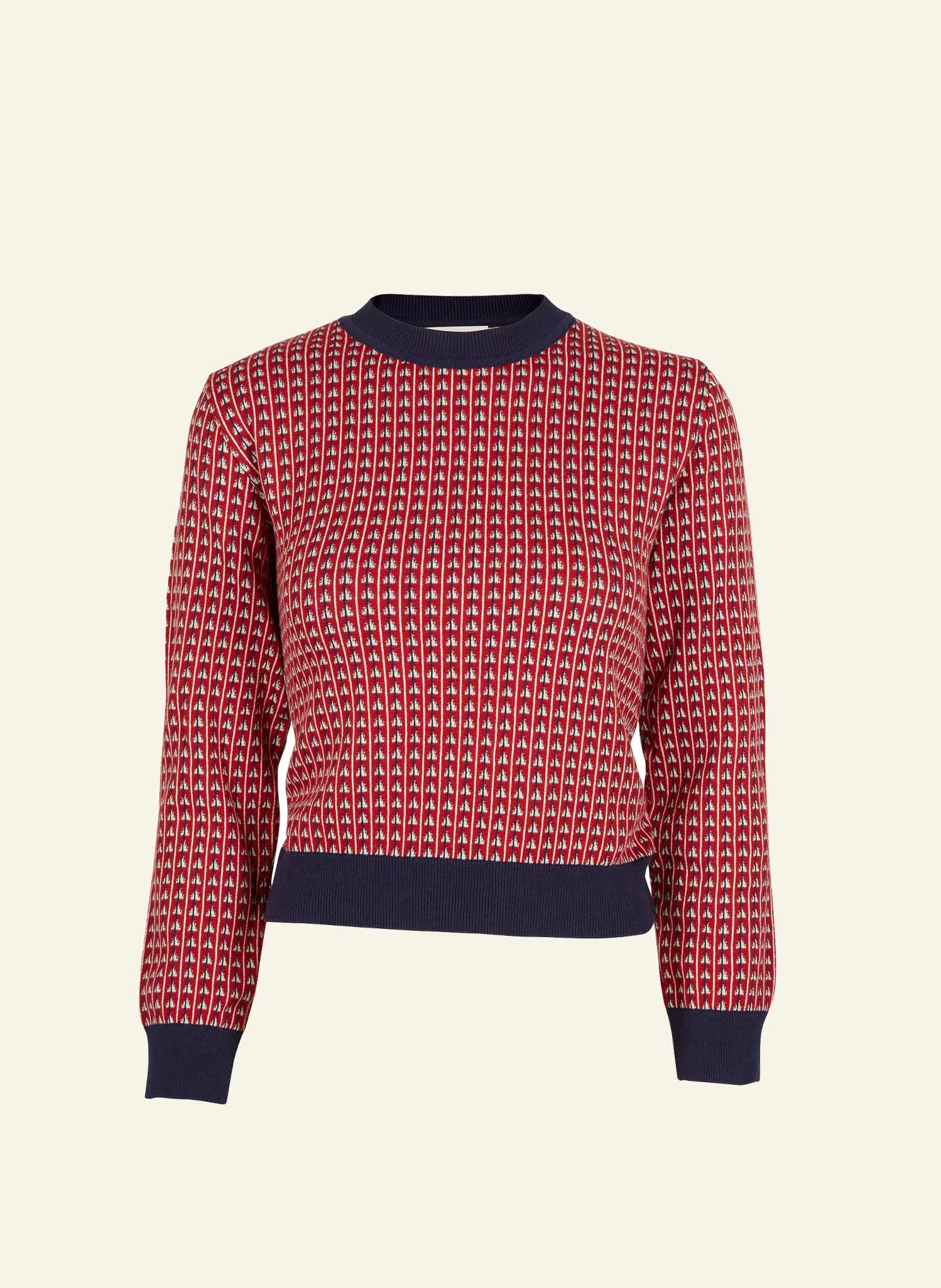 100% organic cotton red and navy patterned jacquard knit jumper