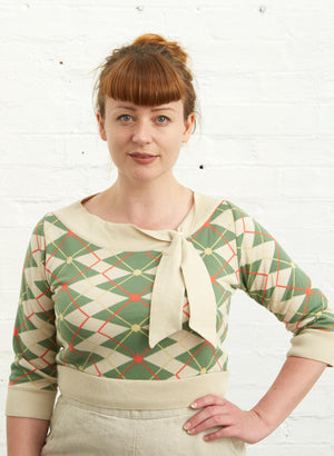 Palava Amelie Knitted top in Green / Cream Argyle - Organic Cotton