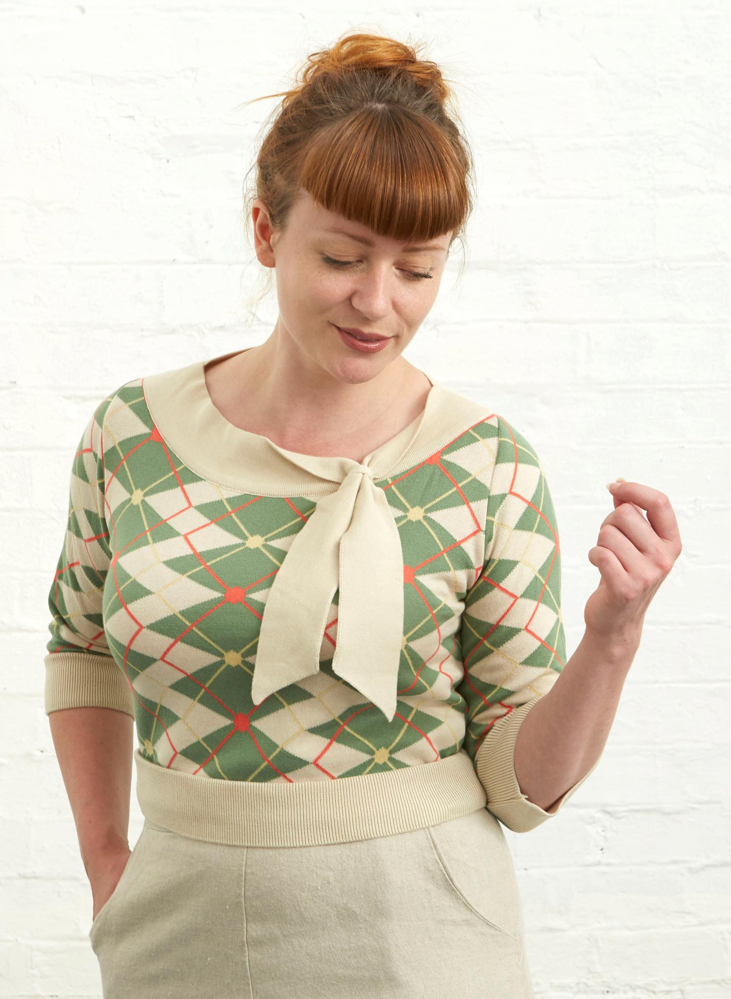 Palava Amelie Knitted top in Green / Cream Argyle - Organic Cotton