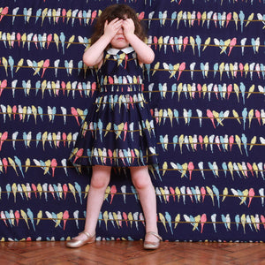 Navy Budgies Print Children's Dress | 100% Organic Cotton | UK