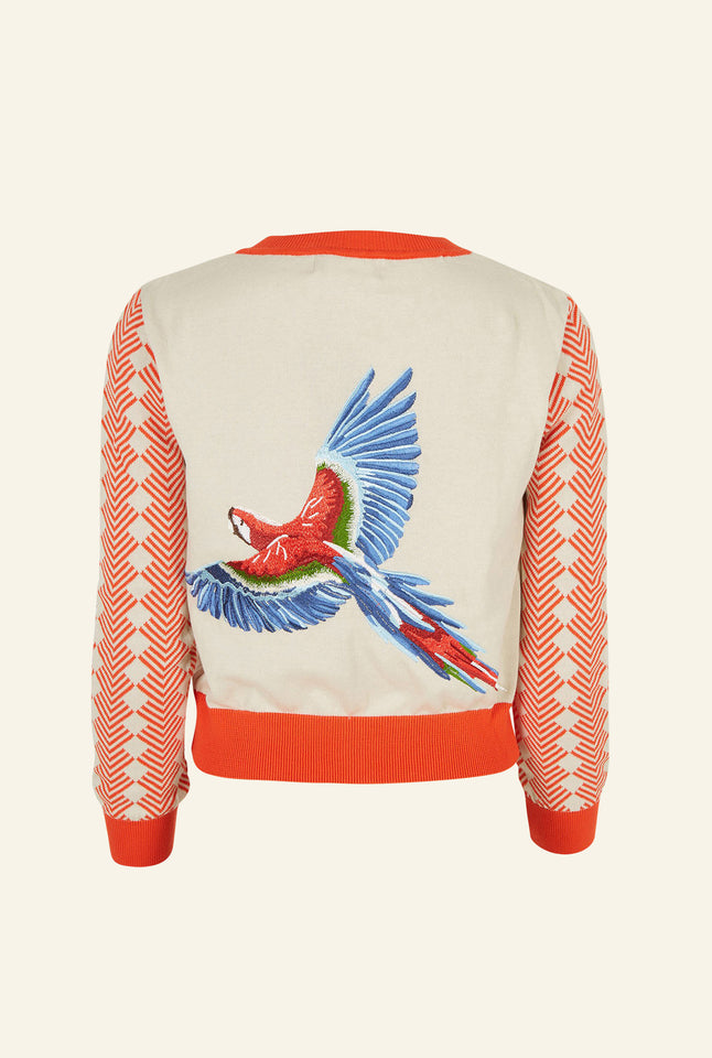 Vera - Cream Large Parrot Embroidery - Organic Cotton Cardigan