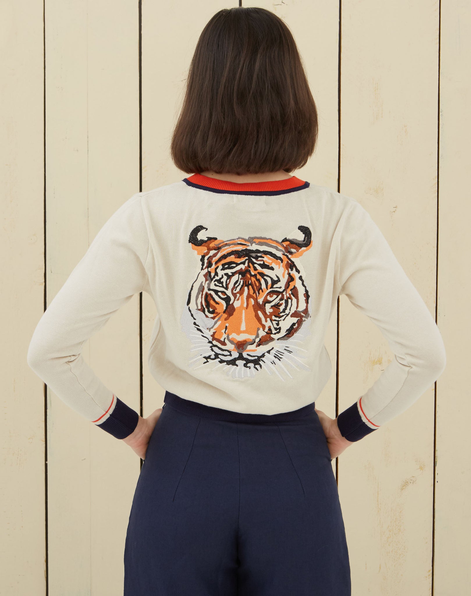 Tiger Embroidered Cardigan | Ecru Coral Navy Organic Cotton