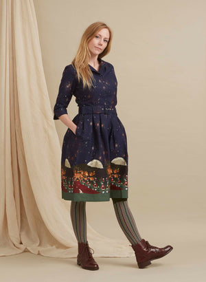 organic cotton sparkly navy knee-length belted shirt dress with 3/4 length sleeves, pockets, and an Edinburgh castle print